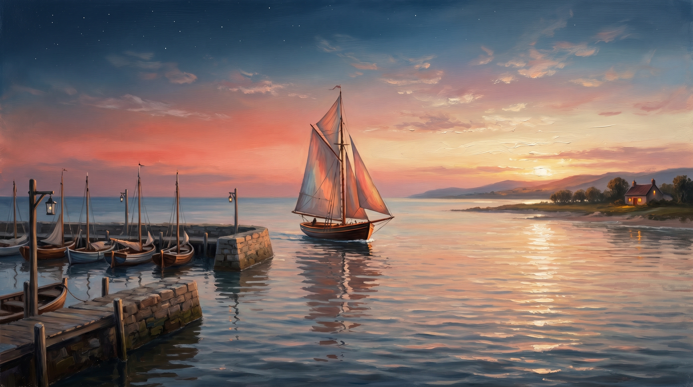Oil painting of a sailboat leaving a small enclosed wooden marina at dawn, sailing toward a distant coastline with a warmly-lit cottage on the horizon, visual metaphor for migrating from Webador to a SailWP site you own.